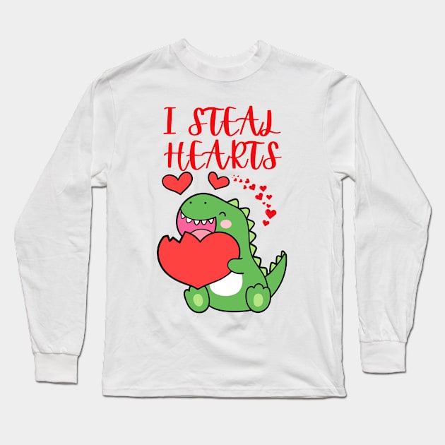 Kids I Steal Hearts Dino Baby Boy and Girl Valentines Day Toddler Long Sleeve T-Shirt by UltraPod